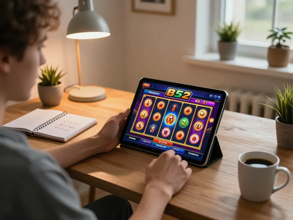 B52 online casino gaming scene with a player engaged in a vibrant slot game on tablet at home, highlighting responsible entertainment.