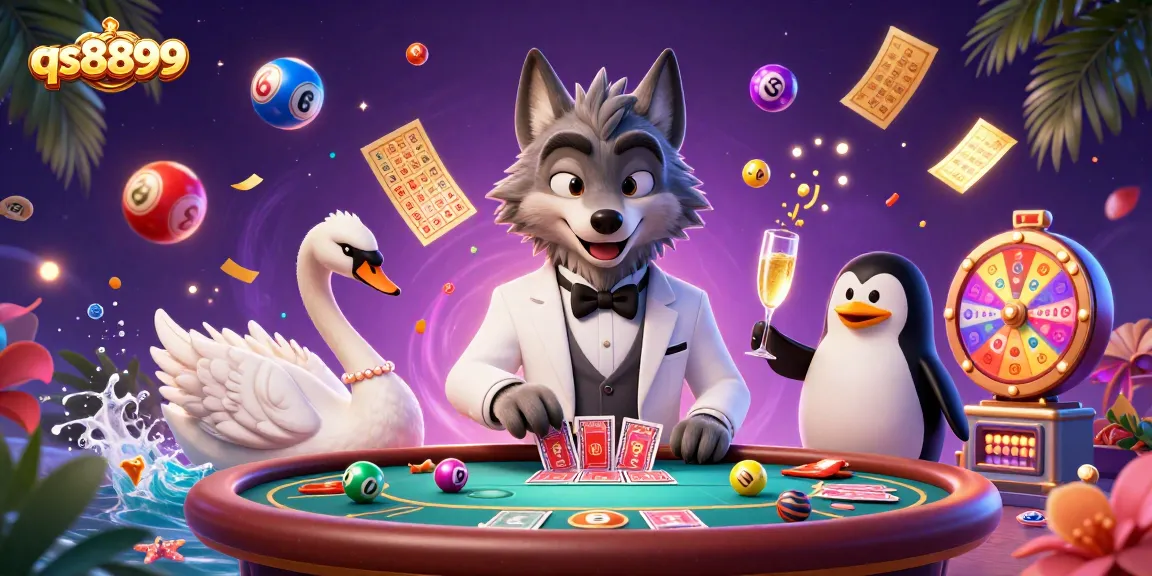 Experience thrilling gaming with qs8899 as a cartoon wolf plays baccarat with a swan dealer and penguin sommelier.