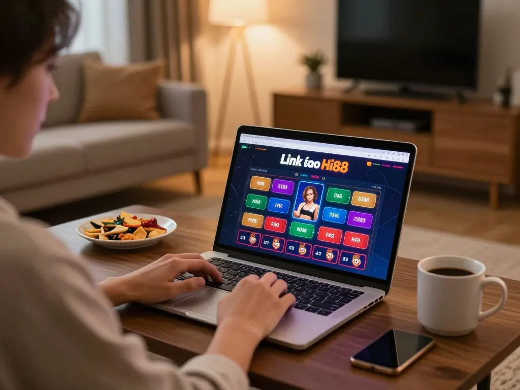 Link vào Hi88 displayed on a laptop during an engaging online gambling session at home.