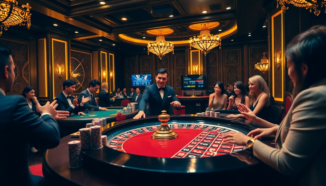 Excited players at a roulette table celebrating their wins at https://xn88.law/, surrounded by vibrant casino elements.