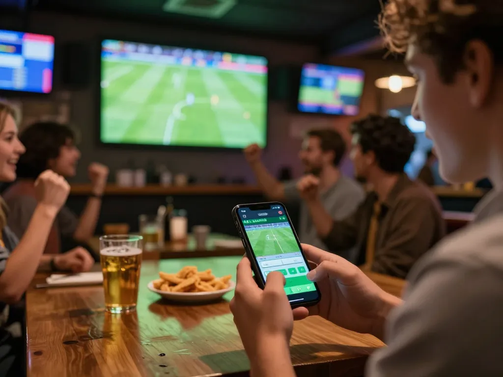 Betting on soccer matches using a smartphone while watching live sports at a busy bar, แทงบอล action.