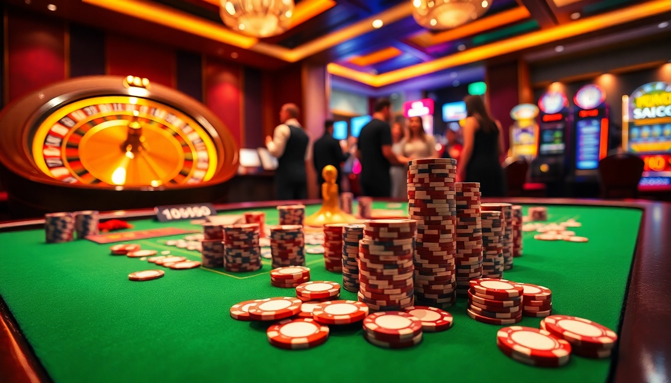 Players enjoy an exciting game at nohu90 casino featuring poker chips and a roulette wheel.
