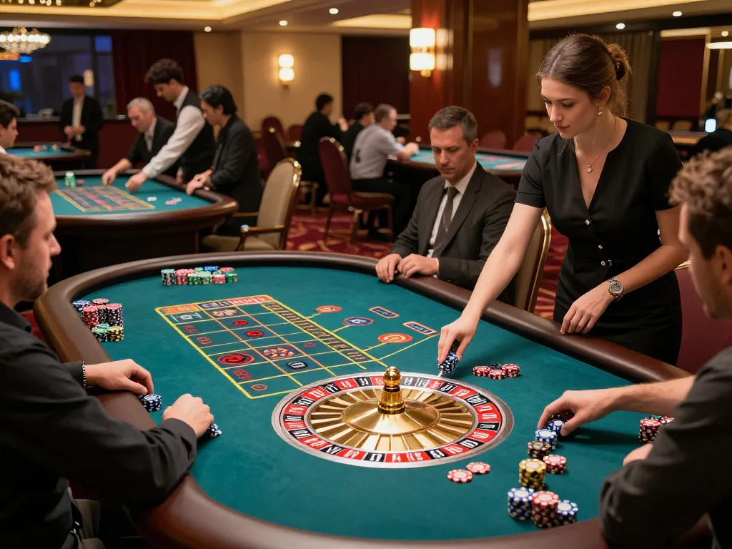 Link vào Zbet - Players engaging at roulette tables in a luxurious casino setting, highlighting thrilling gambling action
