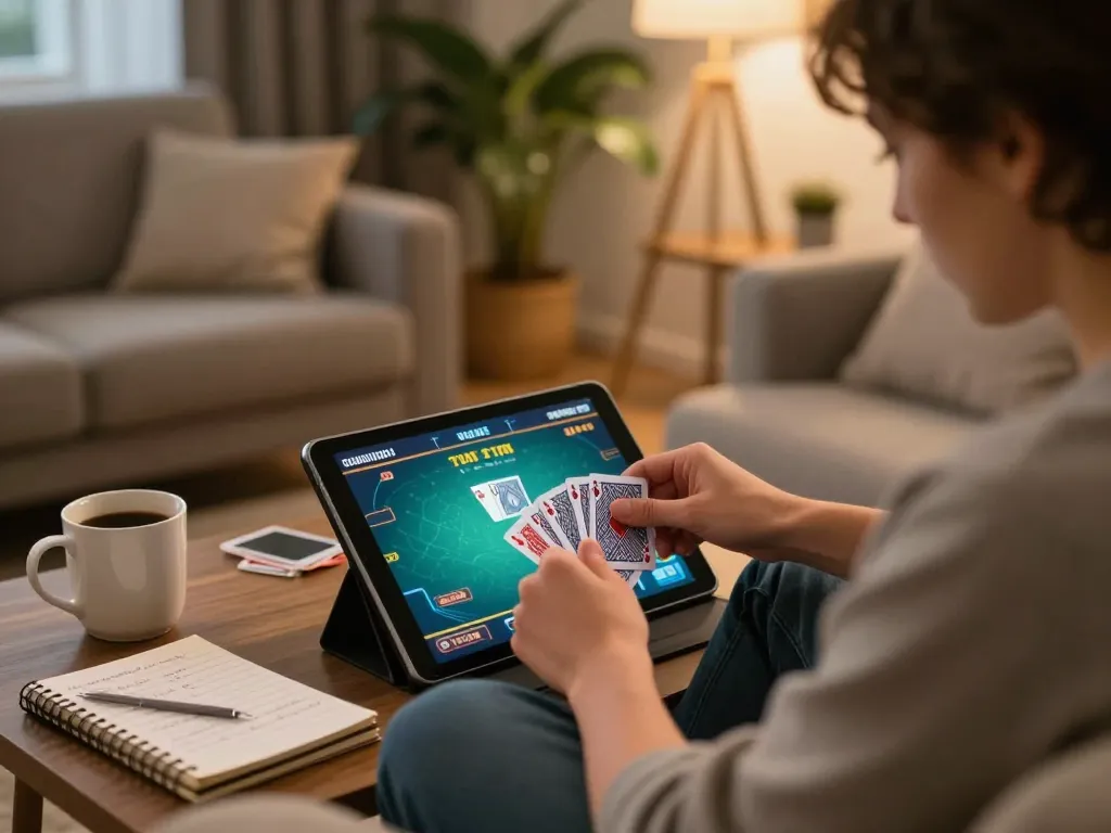 Engaging online poker game with TR88 cards displayed on tablet in cozy living room setting.