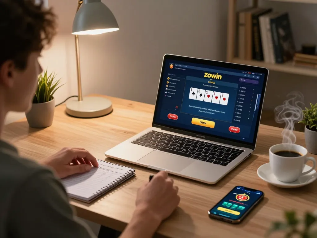 Zowin online poker gameplay with organized notes and mobile app in a cozy home office.