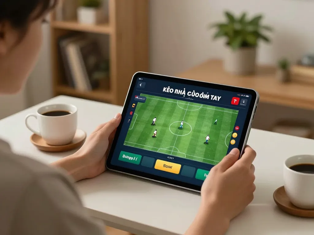 Kèo nhà cái hôm nay showcased as a person places a bet on a tablet in a cozy home setting.