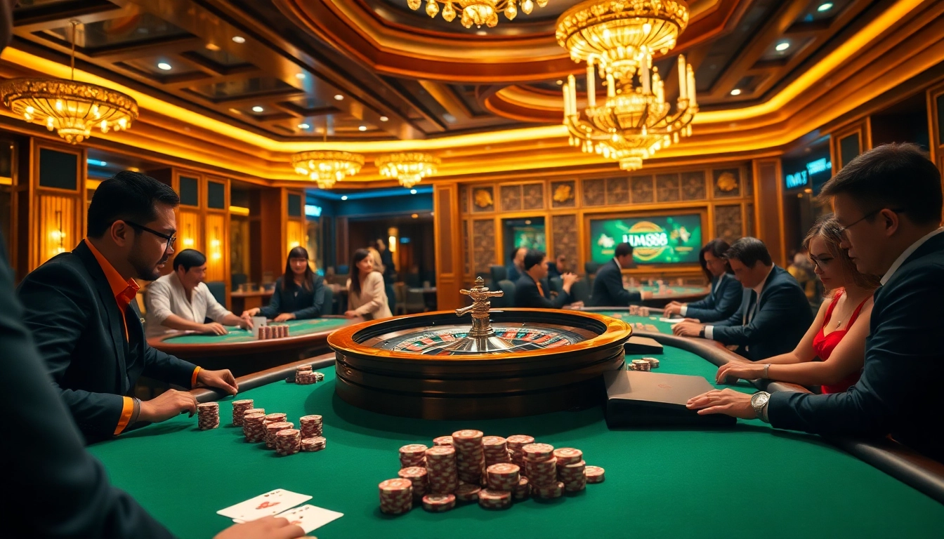 Excited players engaging in high-stakes gaming at the hm88-themed casino.