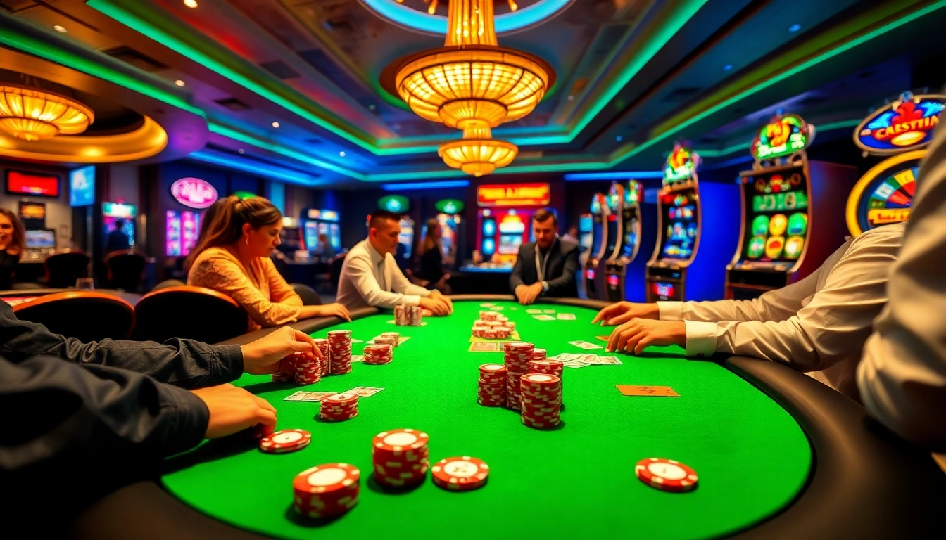 Sunwin players enjoying a high-stakes game at an elegant casino table with vibrant chips and cards.