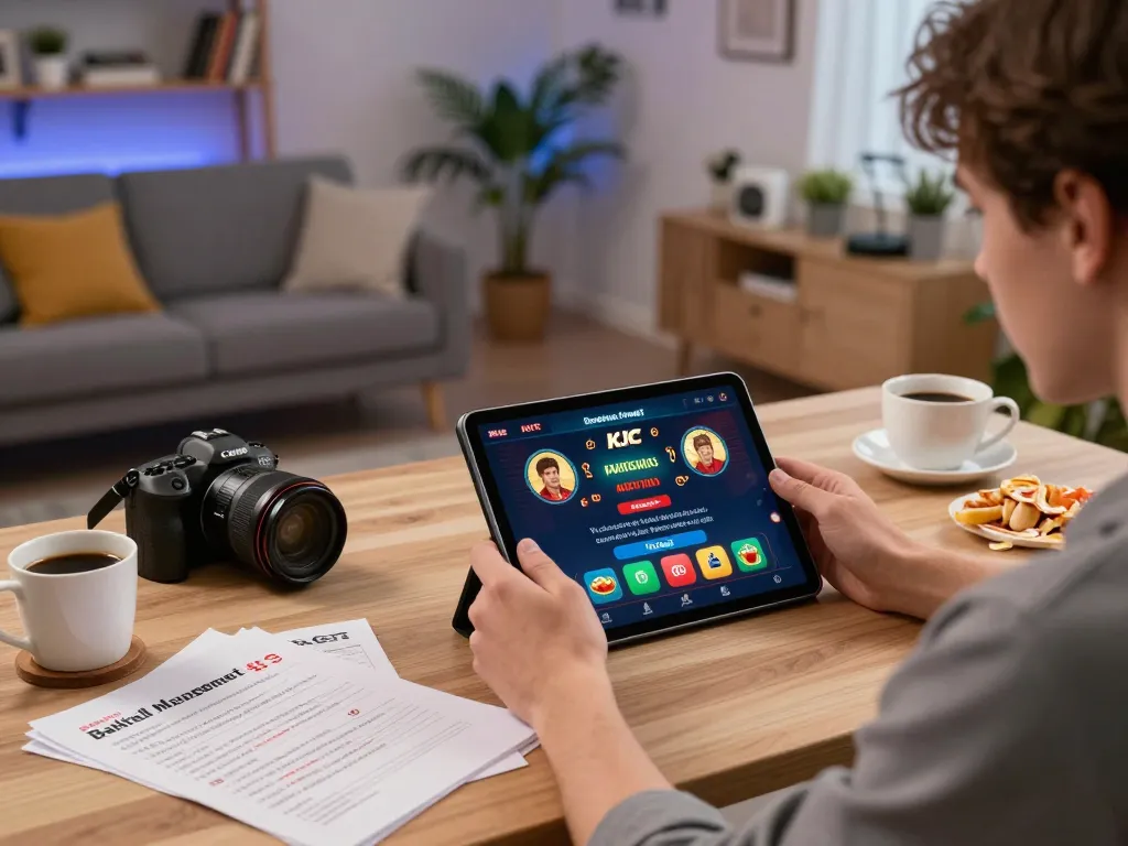 Engaging with KJC online casino on a tablet while managing bankroll in a cozy home setting