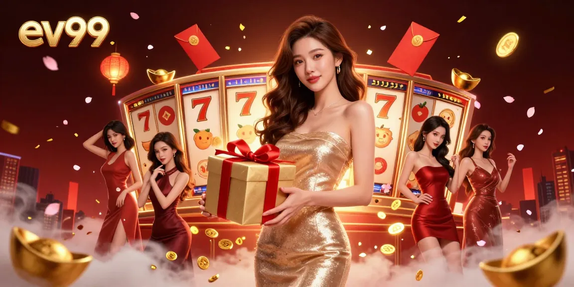 Experience exciting gameplay at ev99 with a stunning casino-themed festive digital illustration featuring slot games.