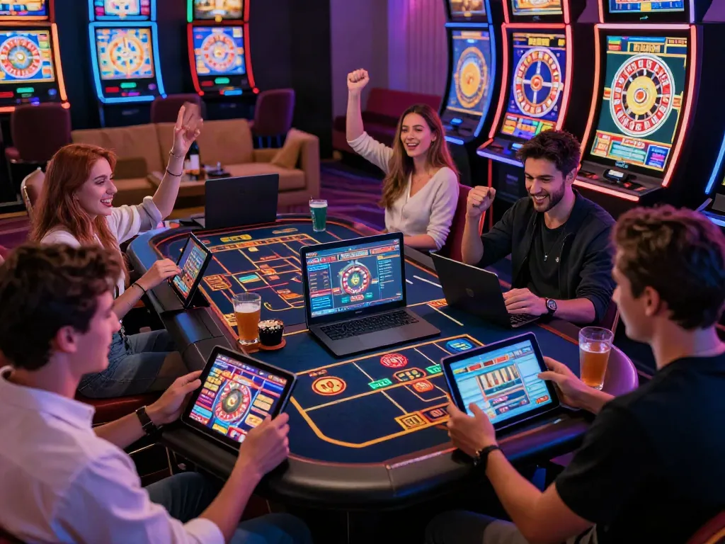 Players enjoying casino games not on GamStop in a lively home setting