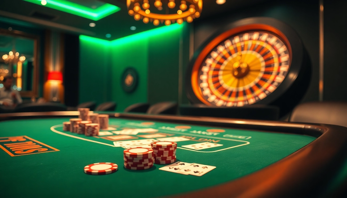Experience thrilling gameplay at https://ok8386.autos/ with a vibrant casino table setup featuring chips and cards.