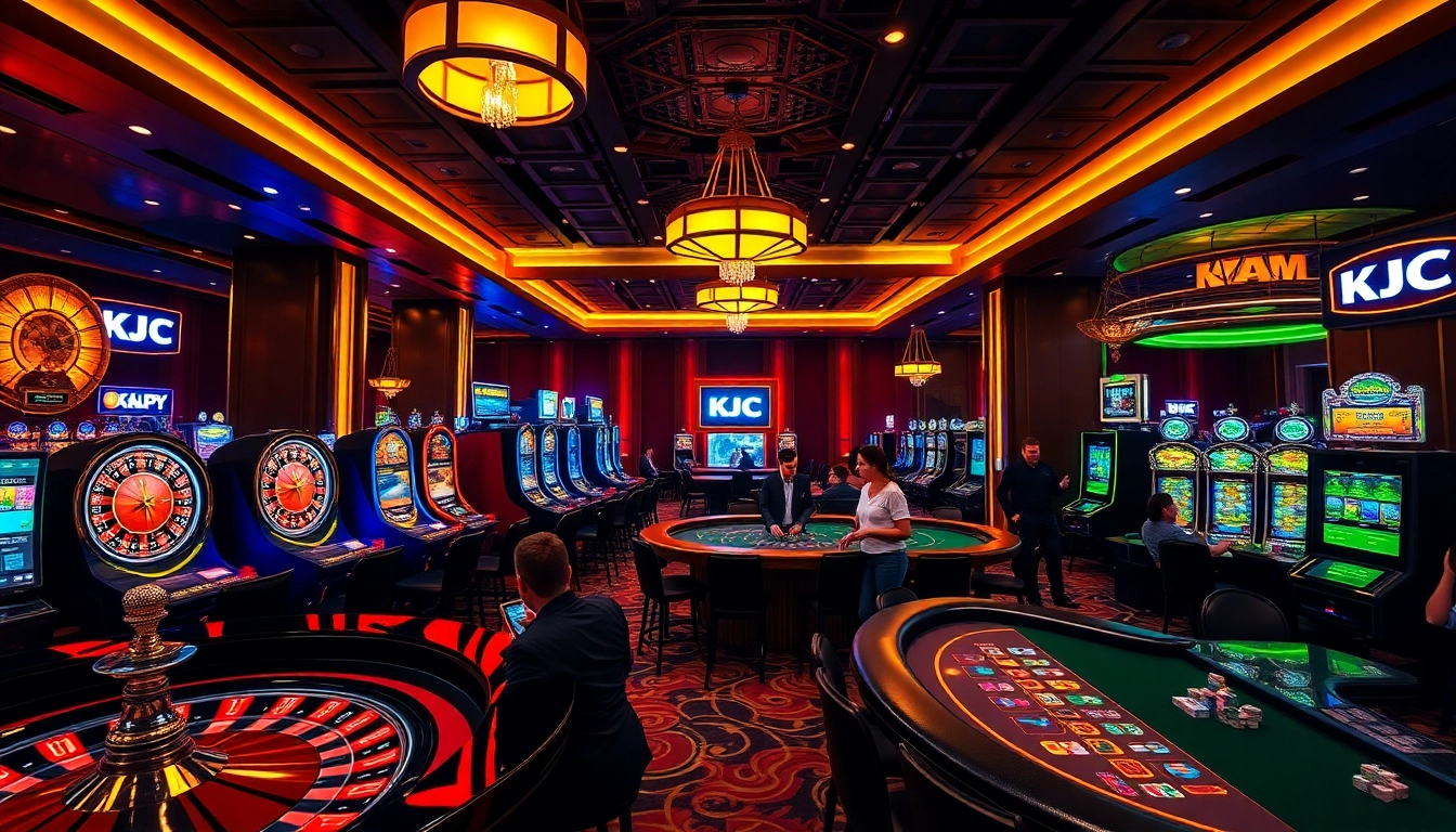 KJC casino scene with vibrant slot machines and roulette wheels showcasing excitement and professionalism.