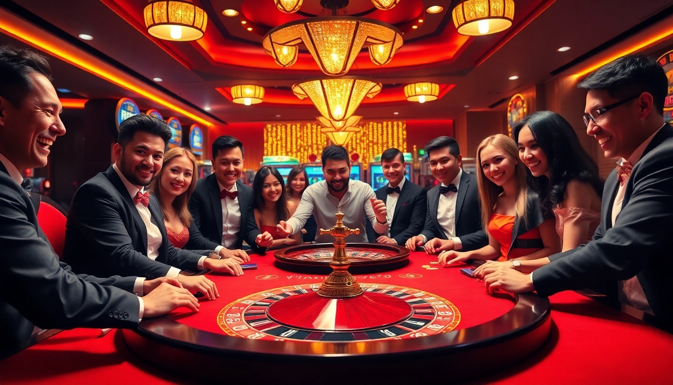 Win79 players enjoying an exciting game at a luxurious casino table with glowing slot machines.