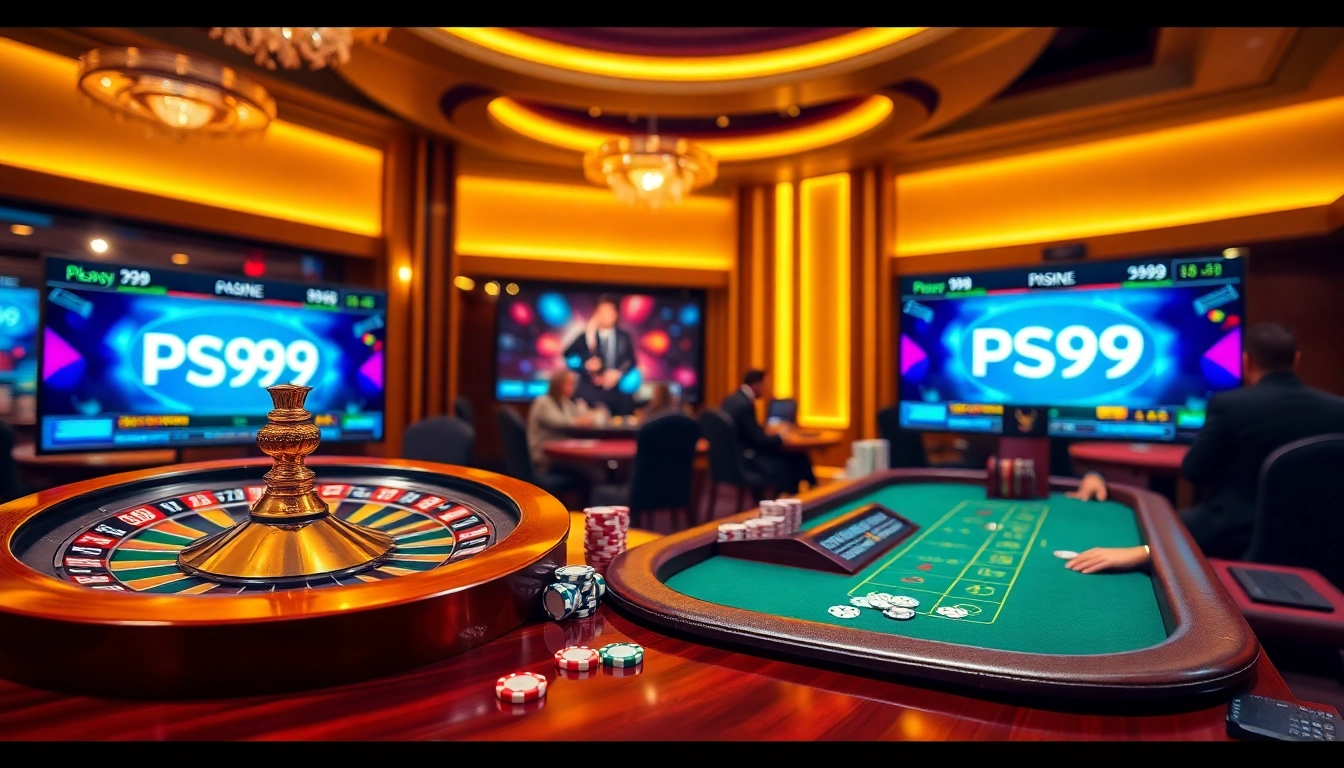 Experience the excitement of PS99 with luxury casino elements like cards, chips, and roulette.