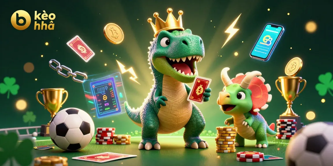 Experience thrilling kèo nhà cái action with a friendly T-Rex dealing cards and triceratops stacking chips.