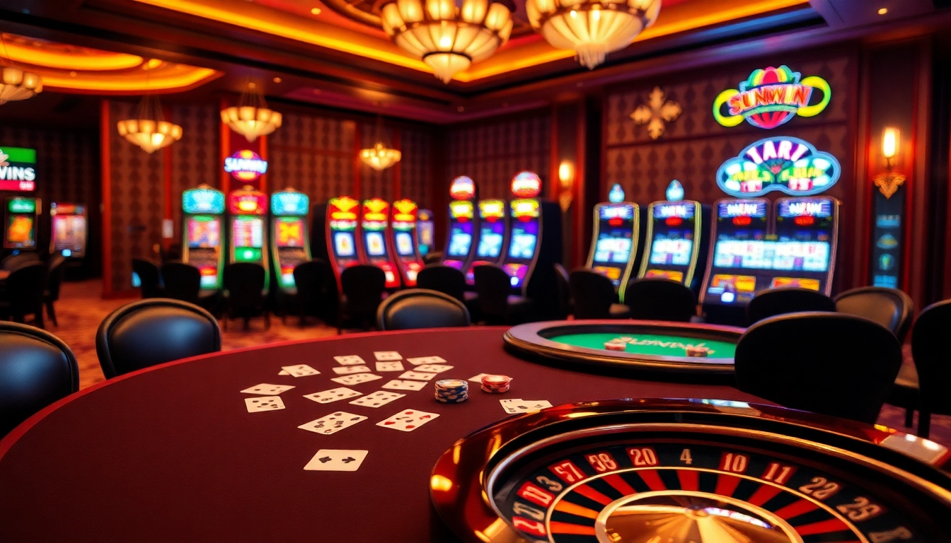 Experience the excitement of SUNWIN poker with vibrant casino visuals, featuring a roulette wheel and colorful slot machines.