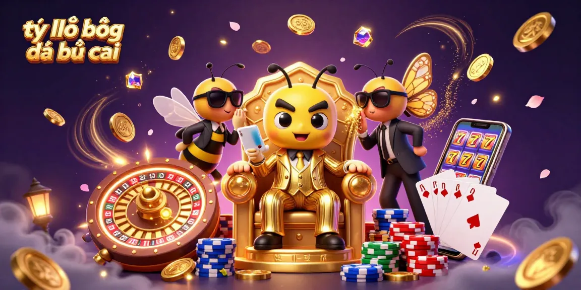 Experience the action of tỷ lệ bóng đá nhà cái with a lively illustration of a 3D cartoon bumblebee mob boss surrounded by gaming elements.