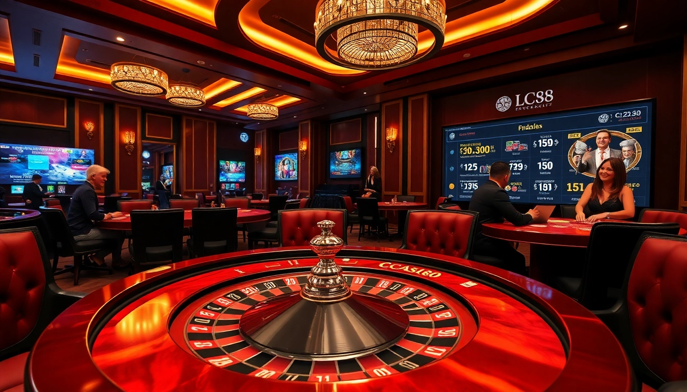 Experience the excitement of gambling at LC88 with dynamic casino tables and vibrant gaming elements.
