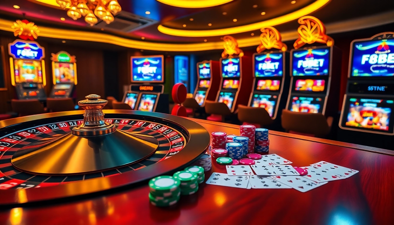Experience the thrill of F8BET with vibrant casino visuals featuring roulette, poker, and slots.