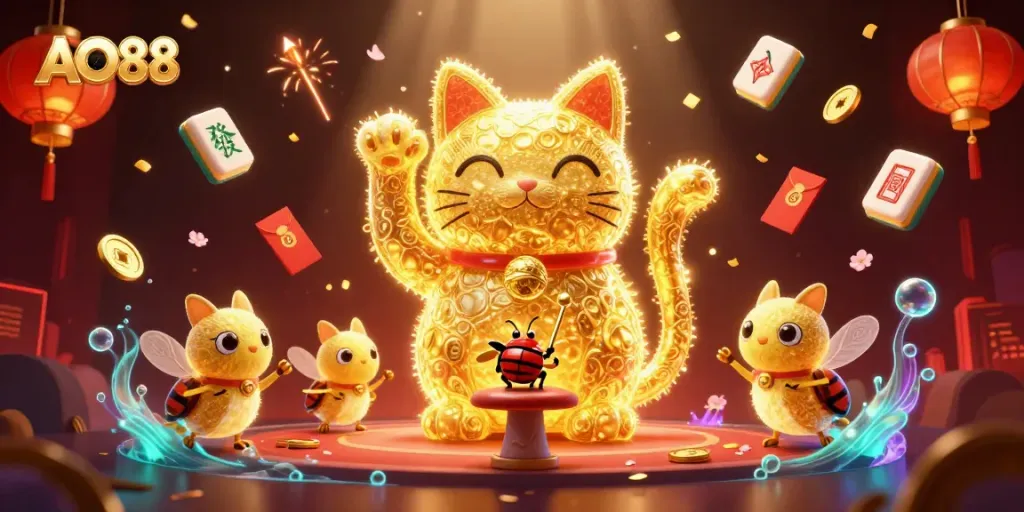 Experience the vibrant charm of AO88 with a lucky cat, golden fireflies, and casino symbols.