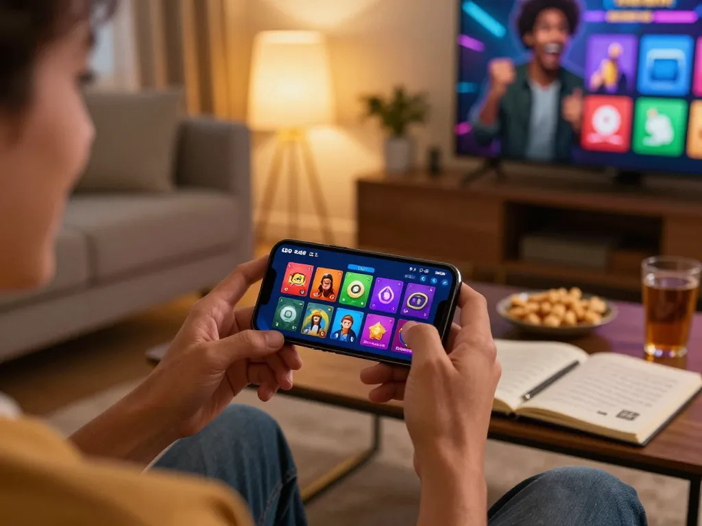 Players enjoying exciting online gaming with the LC88 app on a smartphone, cozy living room setting.