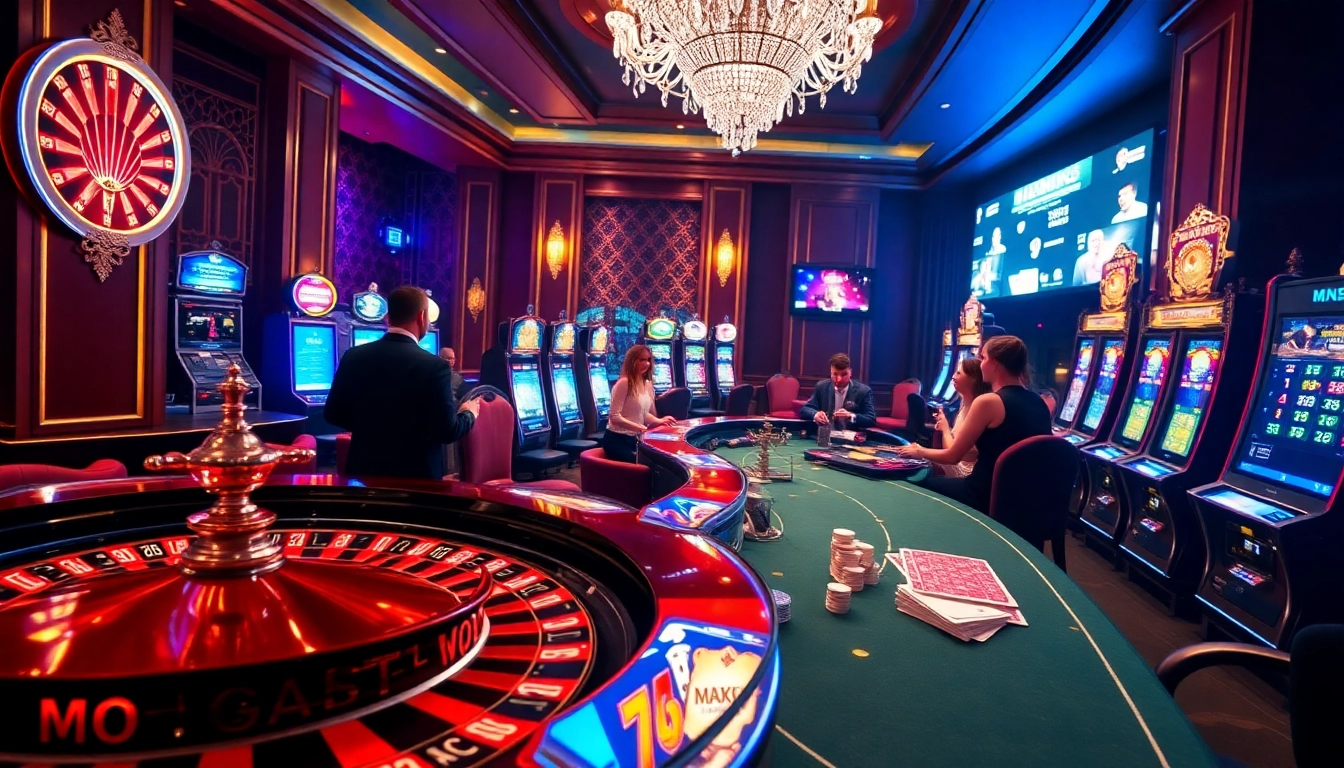 Exciting casino scene showcasing gaming activities at https://mb66-t.com/ with roulette, slot machines, and engaged players.