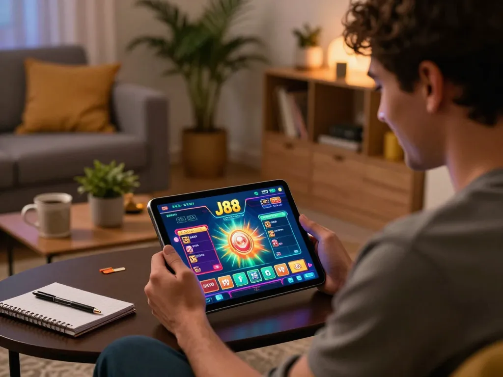 Engaged player enjoying the J88 mobile app for online betting in a cozy home environment.