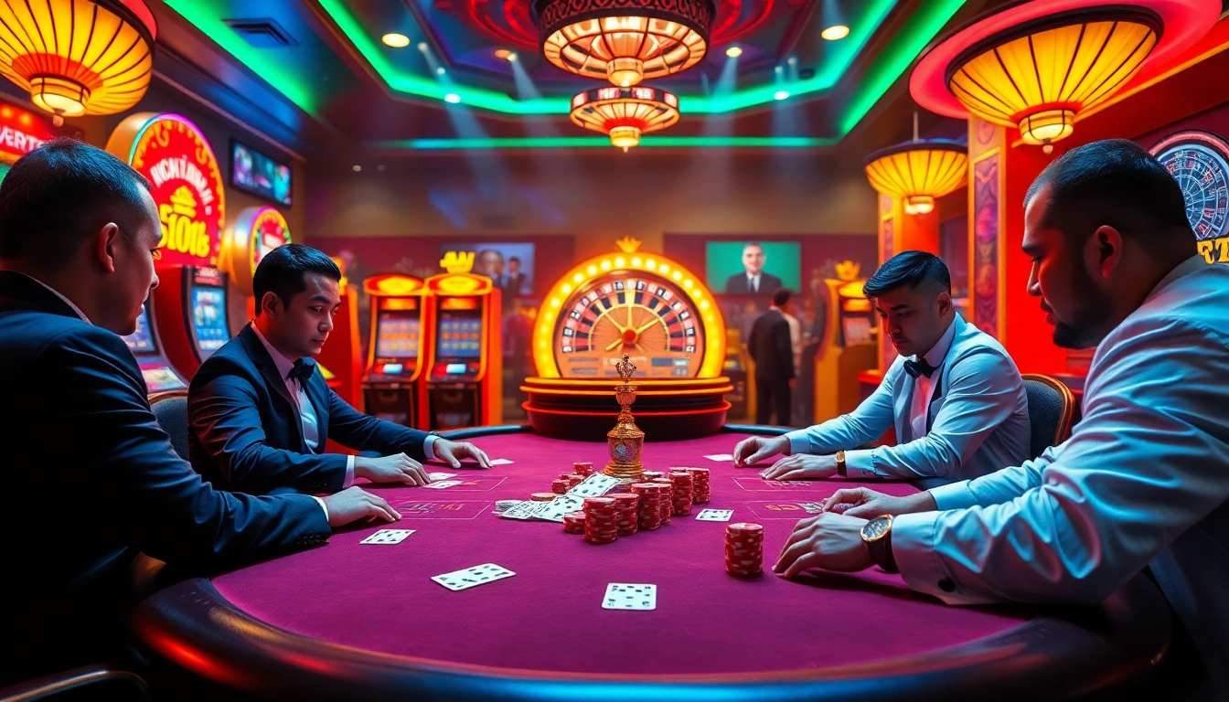 Experience high-stakes poker action at 8kbet's luxurious casino setting with vibrant slot machines and roulette.
