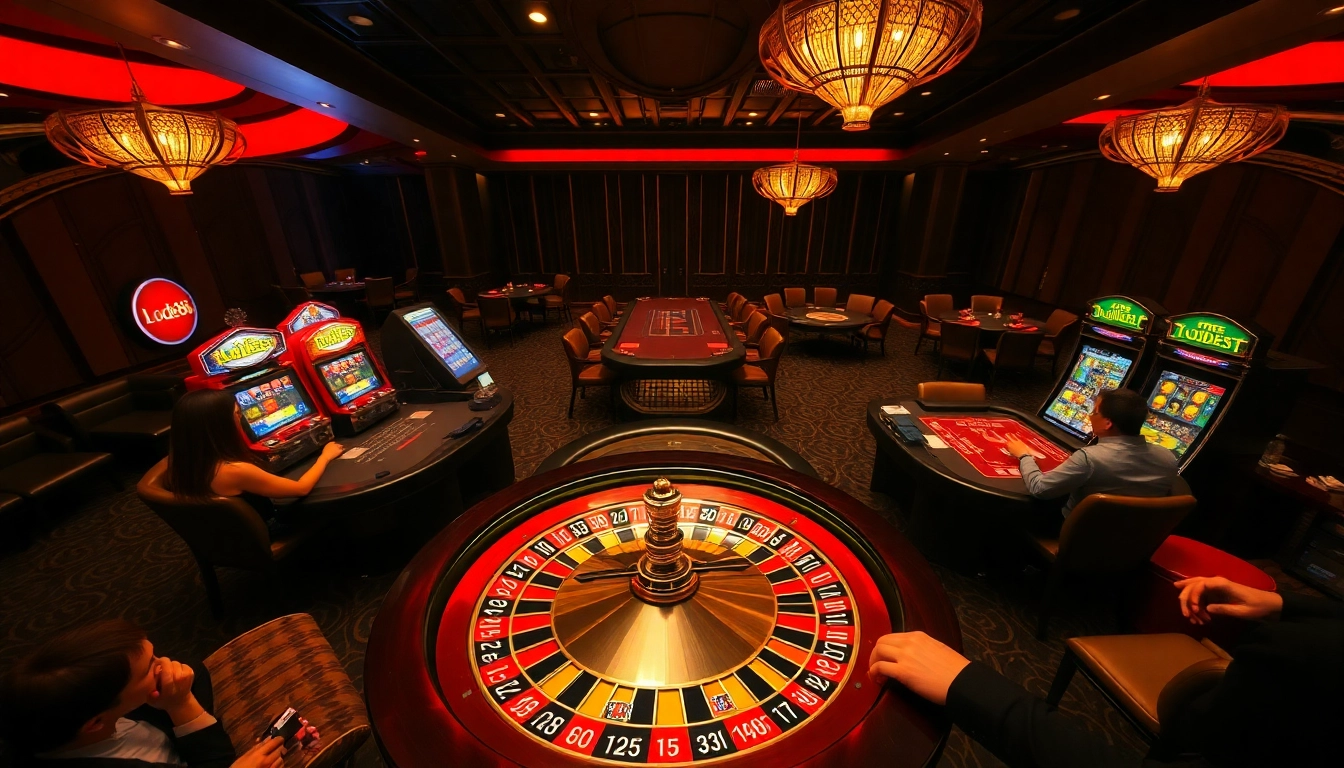 Lode88 players strategizing at an elegant casino table amidst vibrant slot machines, showcasing excitement and energy.