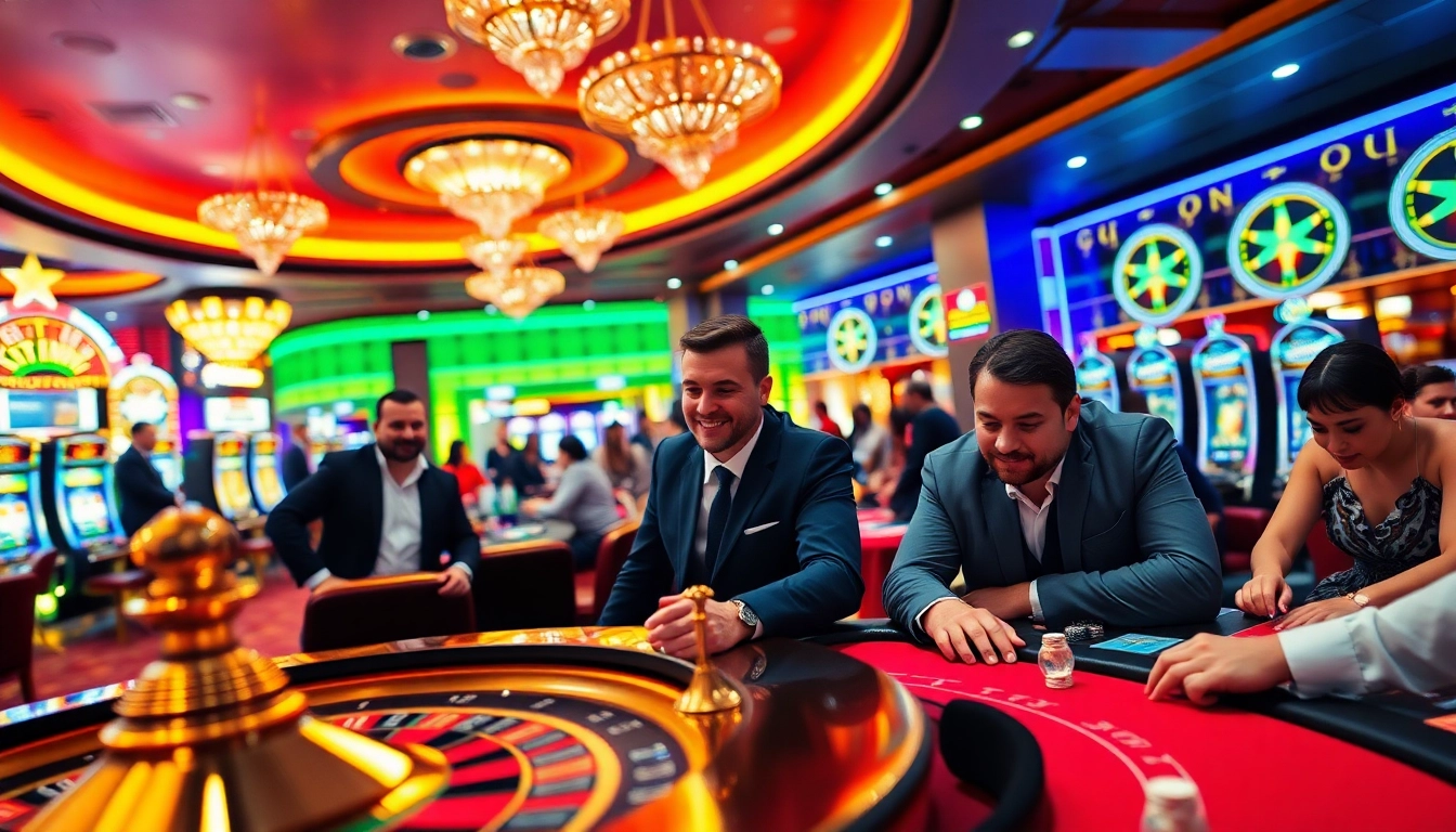 Engaging players experiencing diverse games at Okfun's modern casino with vibrant ambiance.