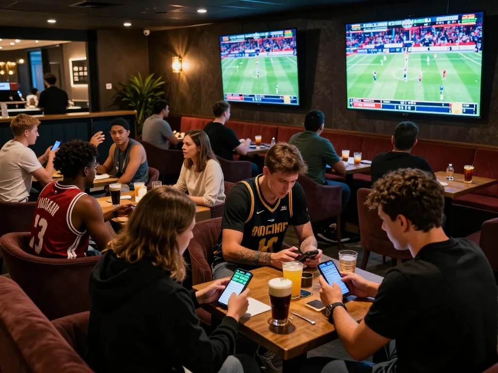 Engaging sports betting scene showcasing kèo nhà cái odds discussion among friends at sports lounge