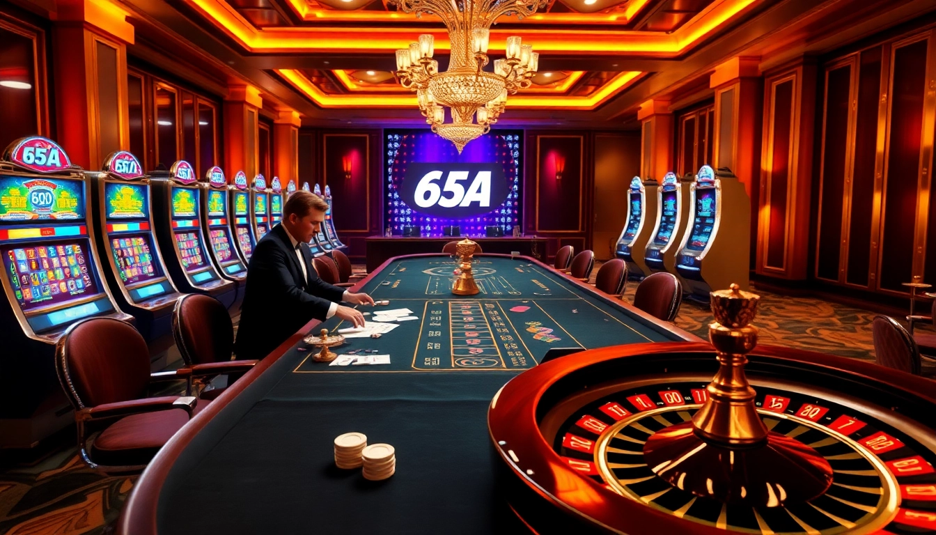 A thrilling poker game at 65A online casino, showcasing betting excitement with vibrant slot machines.