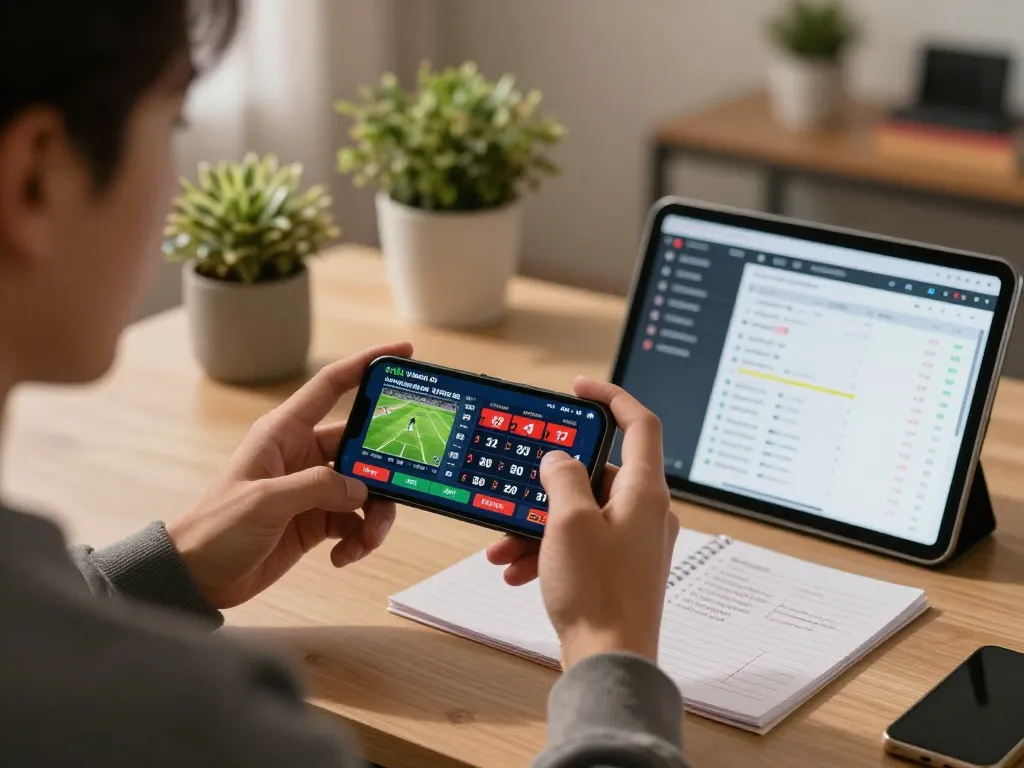Engaging mobile sports betting experience showcasing ty le keo nha cai on smartphone in a cozy home setting.