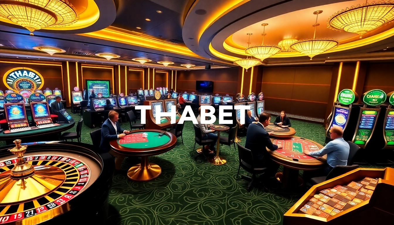THABET online casino scene with vibrant slot machines and a stylish roulette wheel.