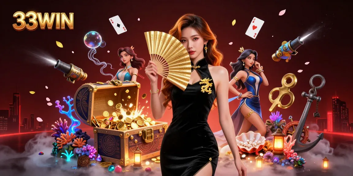 Experience exciting wins at 33WIN with a captivating casino illustration featuring dynamic gaming elements.