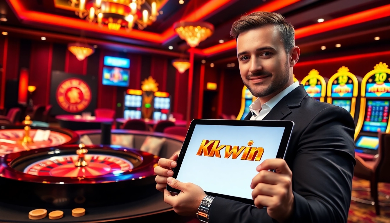 Kkwin player enjoying a high-stakes game at a luxurious casino table with vibrant lighting and exciting atmosphere.