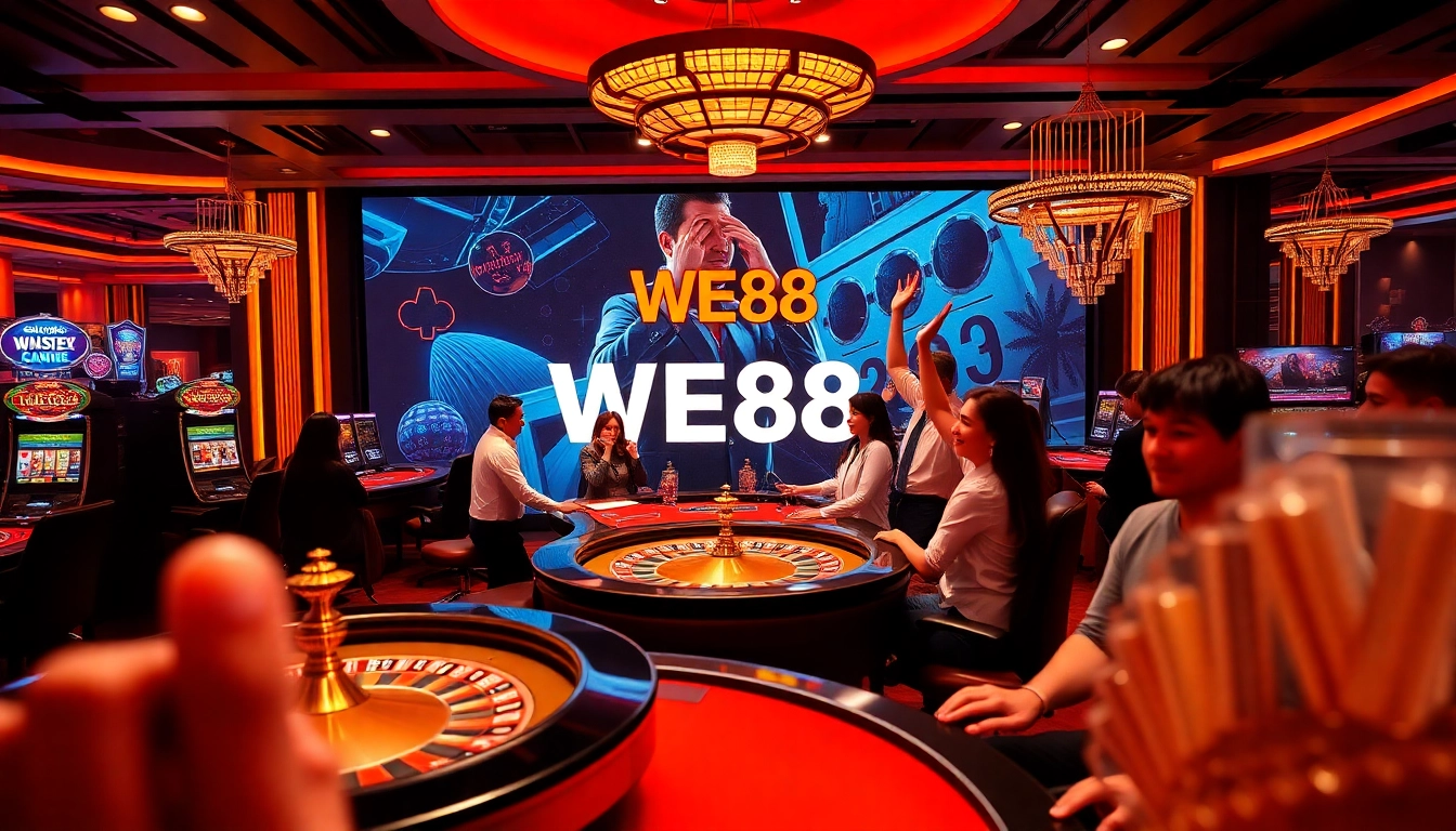 WE88's engaging online casino atmosphere featuring live games and excited players celebrating wins.