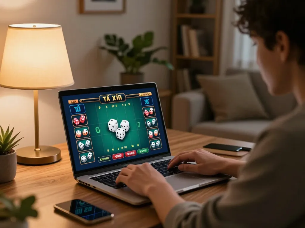Player engaging in Tài Xỉu online at home, featuring the taixiuonline8 interface on a laptop.