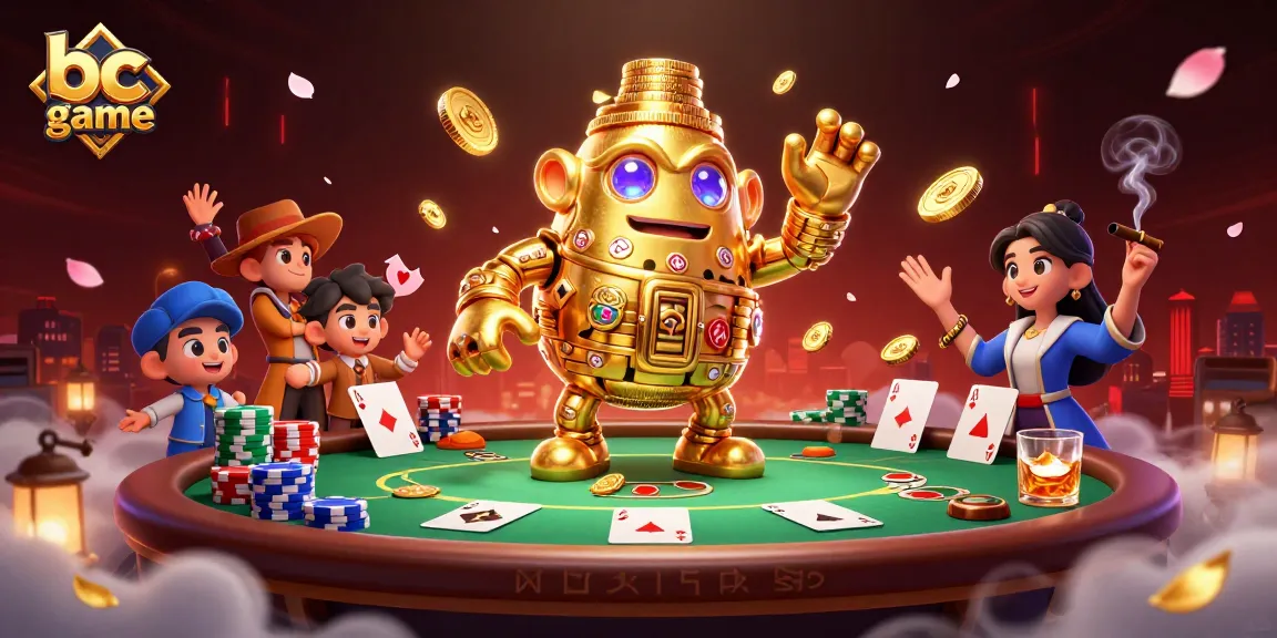 Experience thrilling gaming action with bc game, featuring a vibrant scene of poker chips and a golden golem.