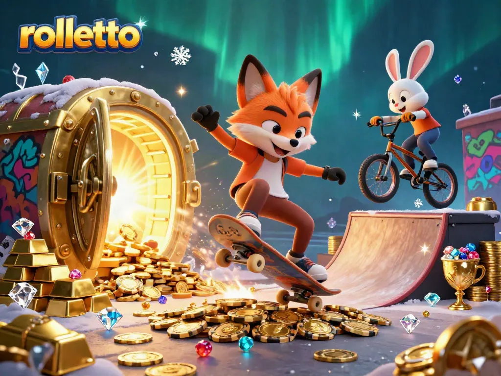 rolletto casino illustration featuring a skateboarder fox and BMX rabbit in a vibrant gaming scene