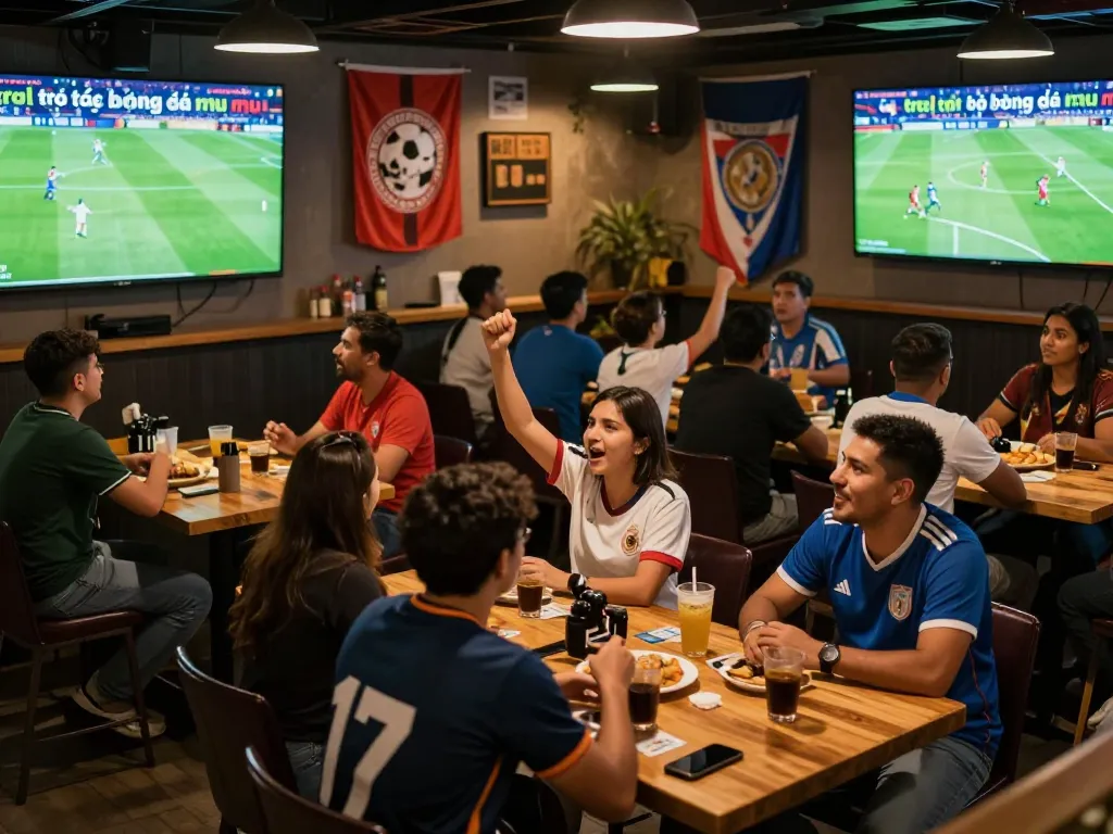 Excited fans enjoying trực tiếp bóng đá mu at a lively sports bar.