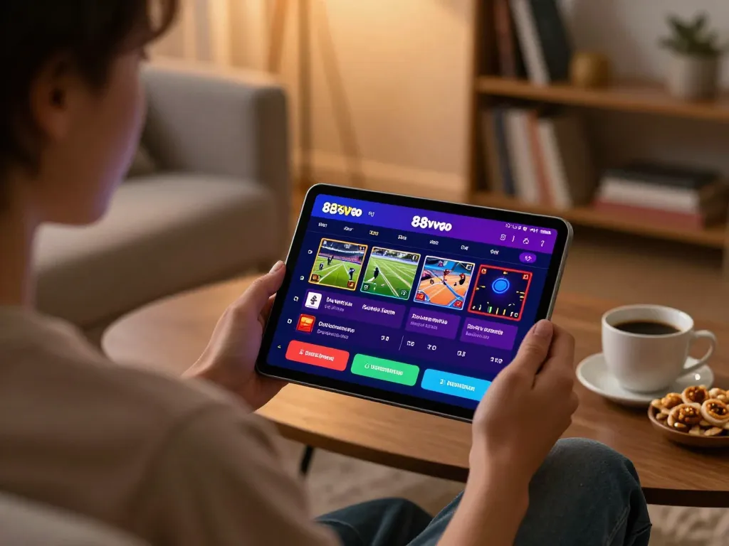 Engaged in online gambling using the 88vvgo app on a tablet in a cozy living room.