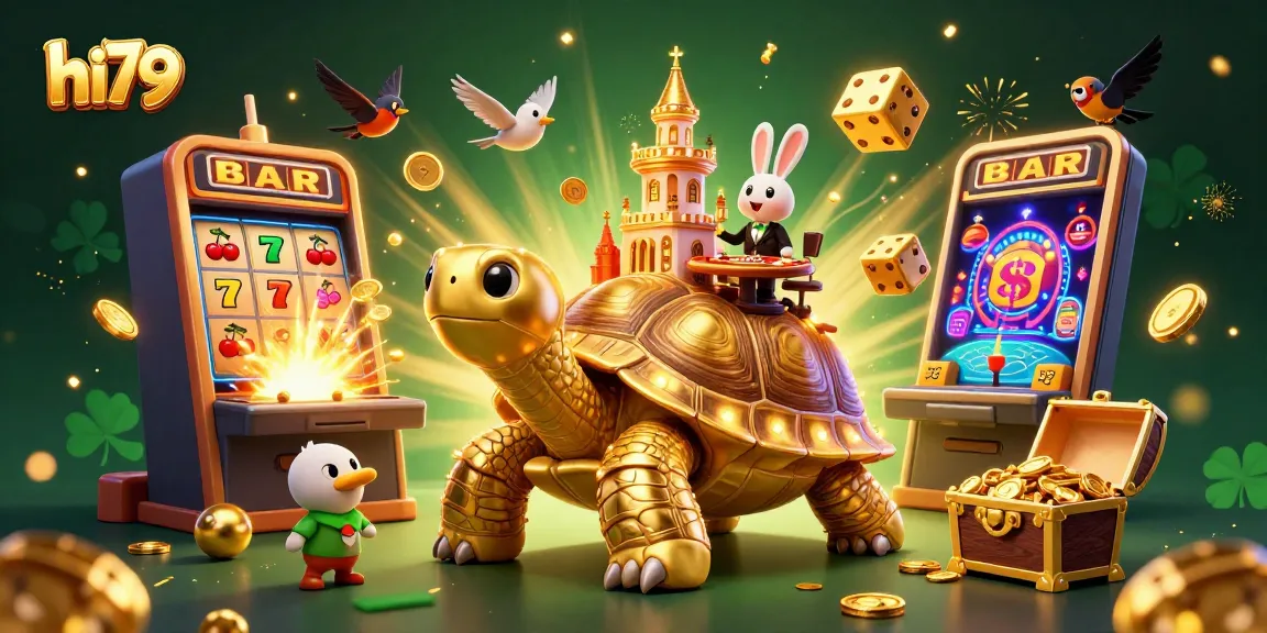 Spin to win at hi79 with a vibrant 3D casino illustration showcasing dynamic characters and slots.