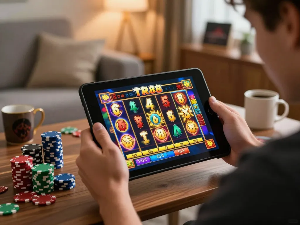 Player enjoying TR88 slot game on tablet in a cozy online casino setting, depicting engaging gameplay.