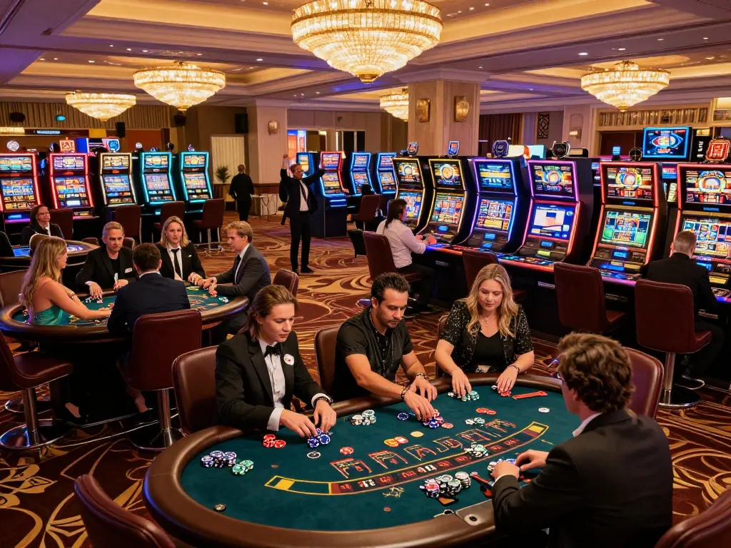 MM88 casino guests enjoying poker and roulette at luxurious gaming tables amidst vibrant surroundings.
