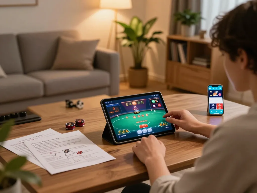 O8 player engaging in online poker action on tablet, showcasing strategic gameplay in comfortable home setting.