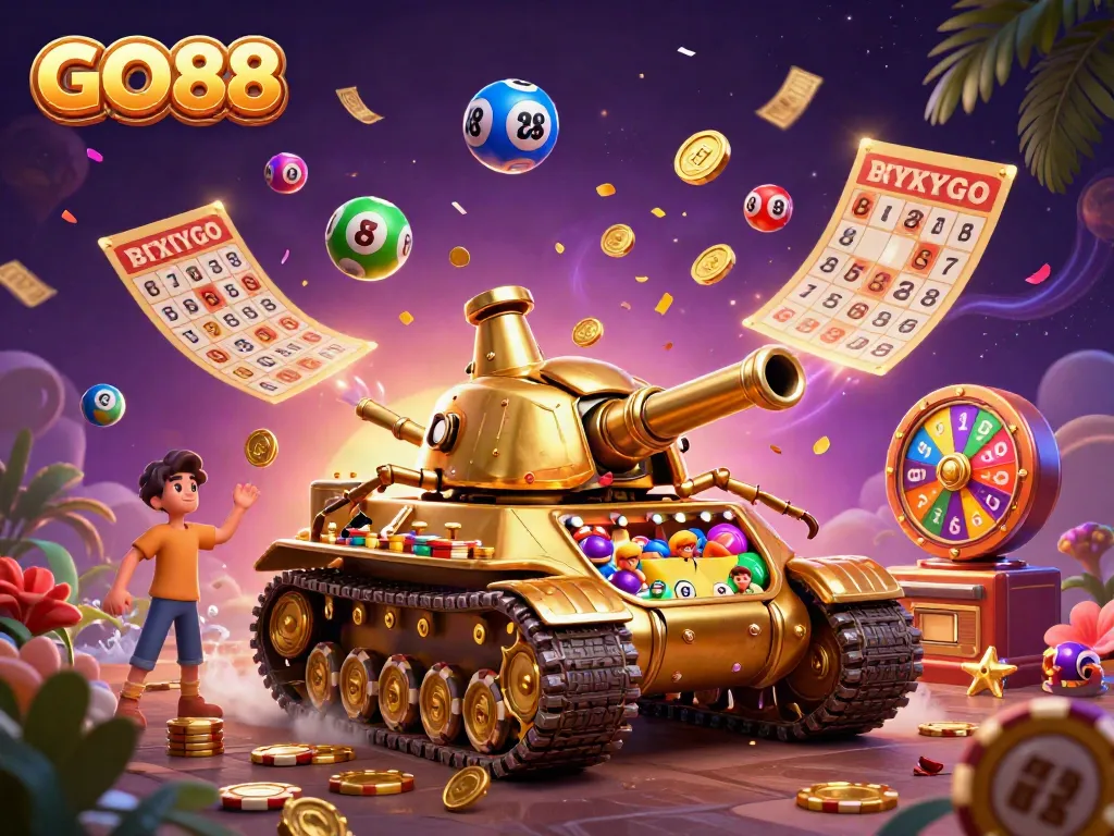 Experience dynamic casino fun with GO88 in a vibrant and colorful cartoon scene.