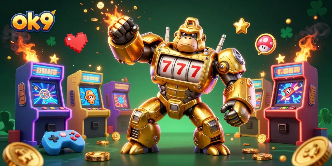 Spin to win with ok9's vibrant golden gorilla mech amidst a casino-themed digital landscape.