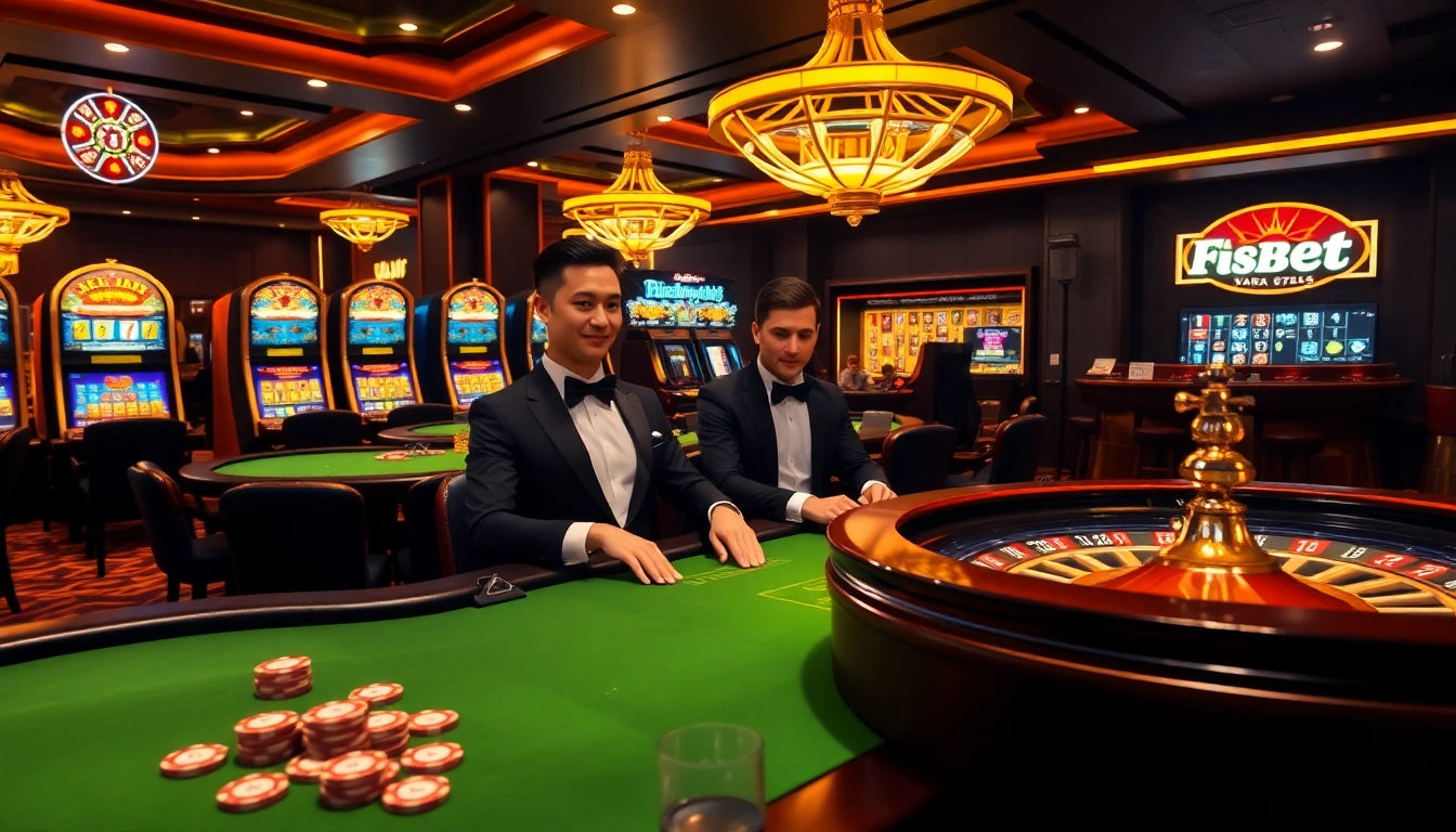 F8BET branded poker chips on an upscale casino table amidst an exciting gambling atmosphere.